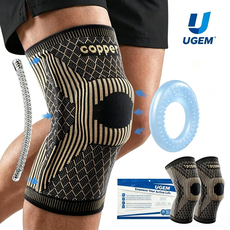UGEM 2026 New Copper Knee Braces (2 Pack) for Adults, 3D Elastic Knit Breathable Spandex Sleeves with Patella Gel Pad, Side Stabilizers, Knee Band for Active Recovery & Body Support Protective Gear