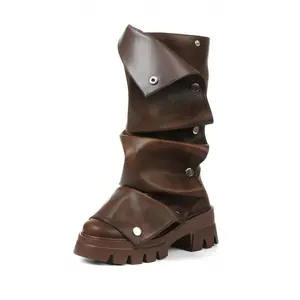 Onyx Women's Brown Leather Platform Heel Rouch Boots with Chunky Sole & Frill Detail - Slip On Slouchy Booties for Daily Wear & Parties