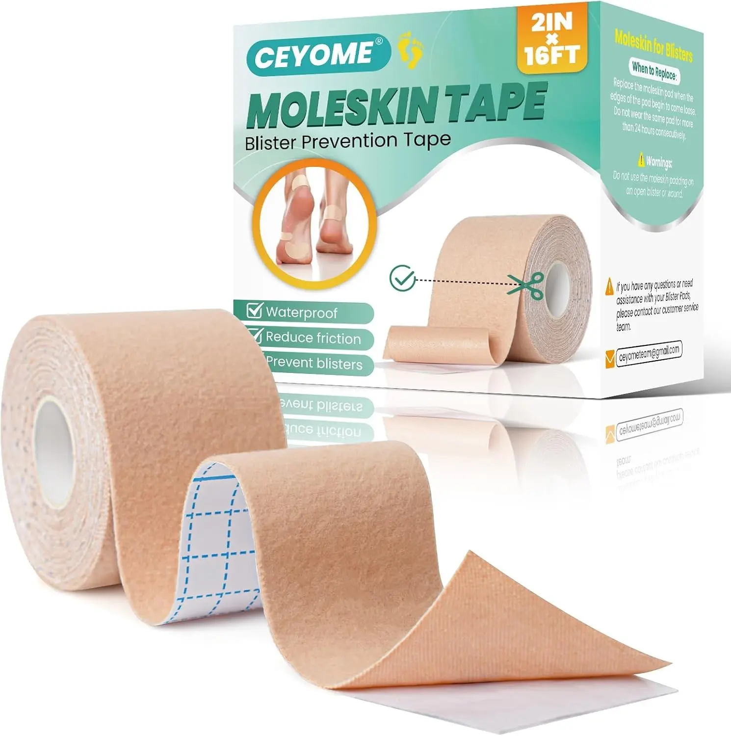 Blister Prevention Tape 2in x 16ft Mole Skin Padding Blister Pads for Feet & Heel Protection for Running Hiking Walking Single Roll