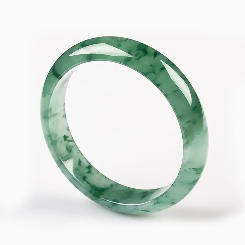 Zihan Burmese Ice Jadeite Bangle with Flower Pattern, Round Bar, Old Mine A Grade, Clear Water, Genuine Noble Jadeite Bangle