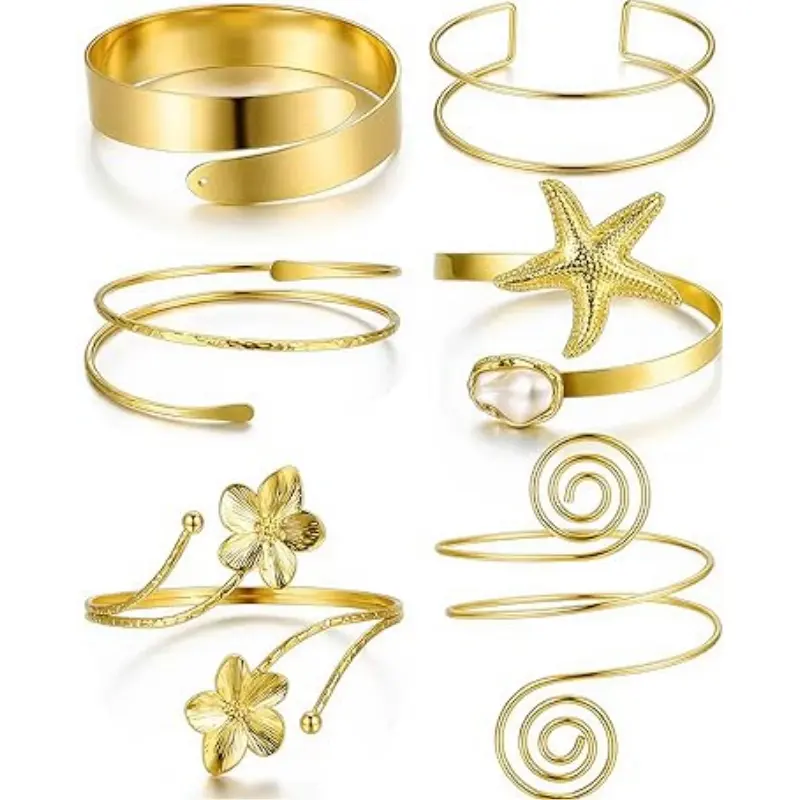 6PCS Gold Arm Cuff Bracelets for Women, Boho Statement Gold Upper Arm Bangle Band Armlet, Open Adjustable Cuff Bracelet set Stackable Jewelry
