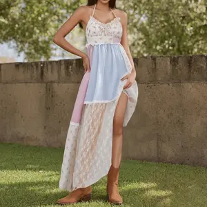 Women Summer Maxi Dress Elegance Mixed Print Patchwork Lace-up Back Sweetheart-neckline A-line Hem Comfort Vocation Dress