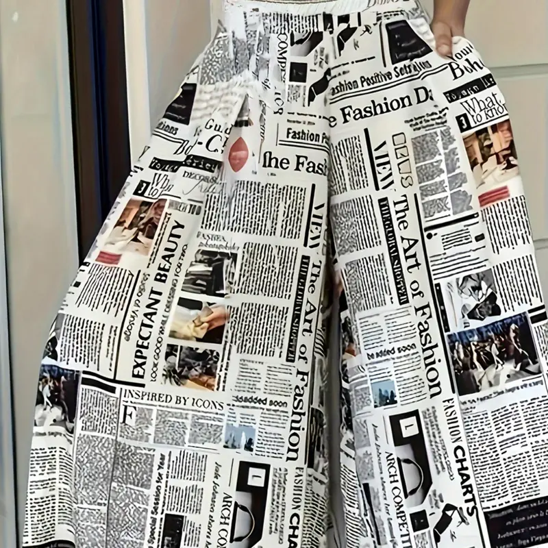 Women's Newspaper Print Pants, Casual Comfy Trousers for Daily Wear, Ladies Bottoms for Summer, Fitted Summer Bottoms, Womenswear, Casual Fashion Bottoms