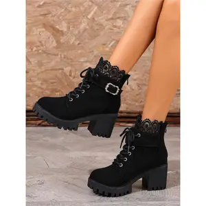 Fashionable women's autumn and winter short boots with thick heels and high water platforms, waterproof leather upper with buckle decoration, comfortable soft sole, antislip and wear-resistant, with laces to increase height Thick Heeled Boots(Sheets)