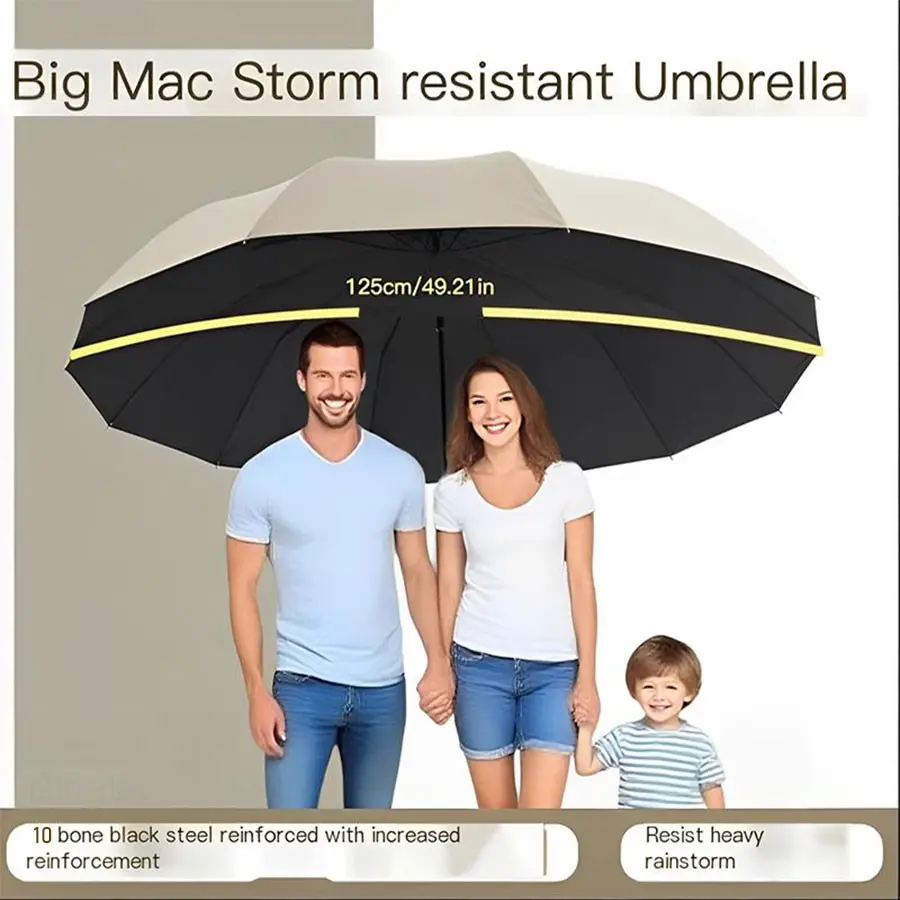 Business Folding Umbrella, Windproof Strong Super Large 125cm, Waterproof Sunproof, 10-Rib Design, Ideal for Rain and Sun Protection, Umbrellas for Rain, Wind Resistant Umbrella, Outdoor Umbrella, Windproof Reinforced Umbrella
