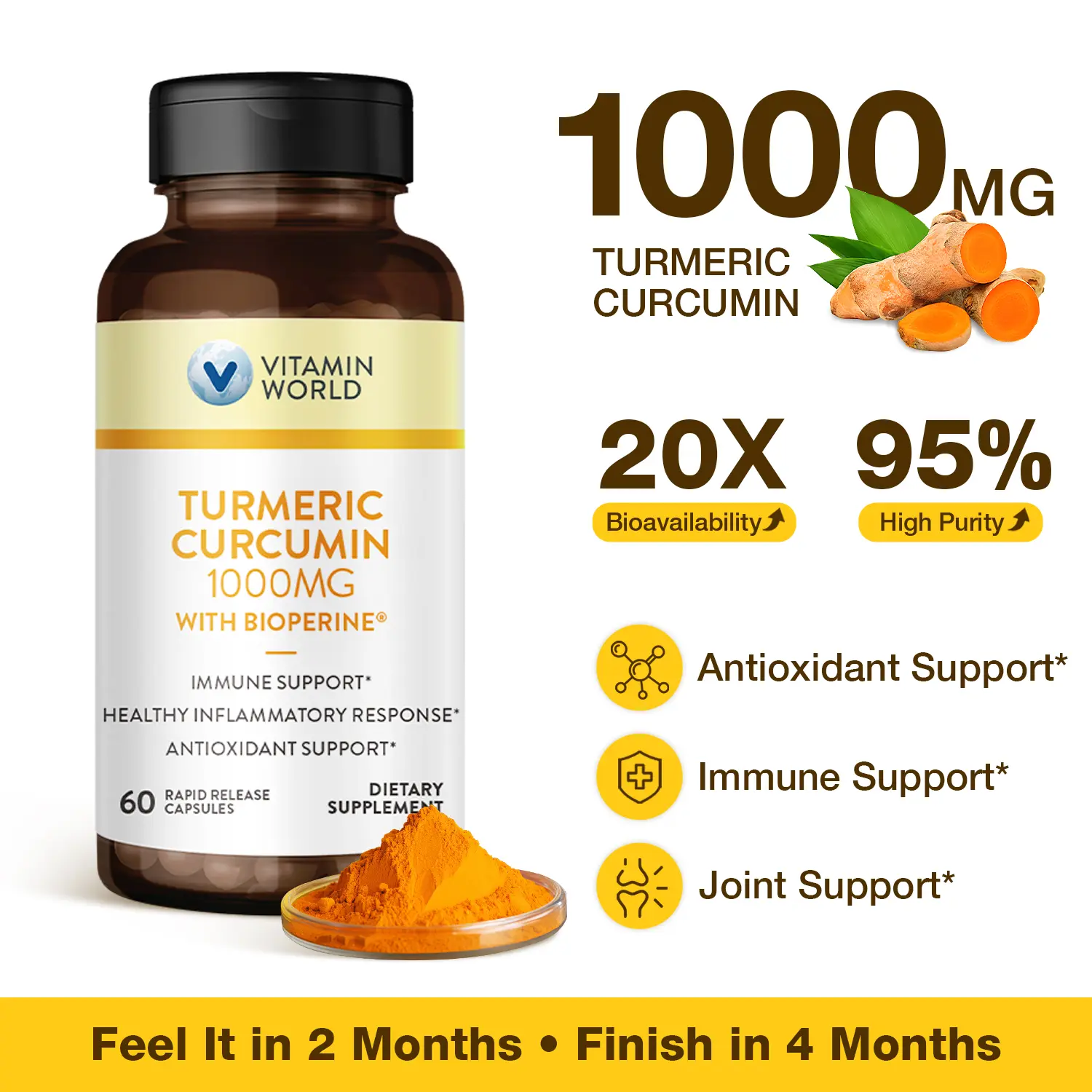 Vitamin World Turmeric Curcumin 1000mg, BioPerine Black Pepper Extract for Better Absorption, 95% Curcuminoids, Turmeric Supplement for Antioxidant & Joint Support, Gluten-Free, 60 Capsules