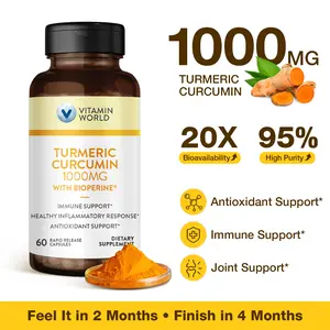 Vitamin World Turmeric Curcumin 1000mg, BioPerine Black Pepper Extract for Better Absorption, 95% Curcuminoids, Turmeric Supplement for Antioxidant & Joint Support, Gluten-Free, 60 Capsules