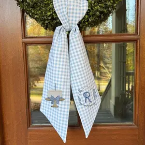 Embroidered Baby's Birthday Wreath Sash, Personalized Monogram, First Birthday, Grandmillennial Decor, Blue Gingham