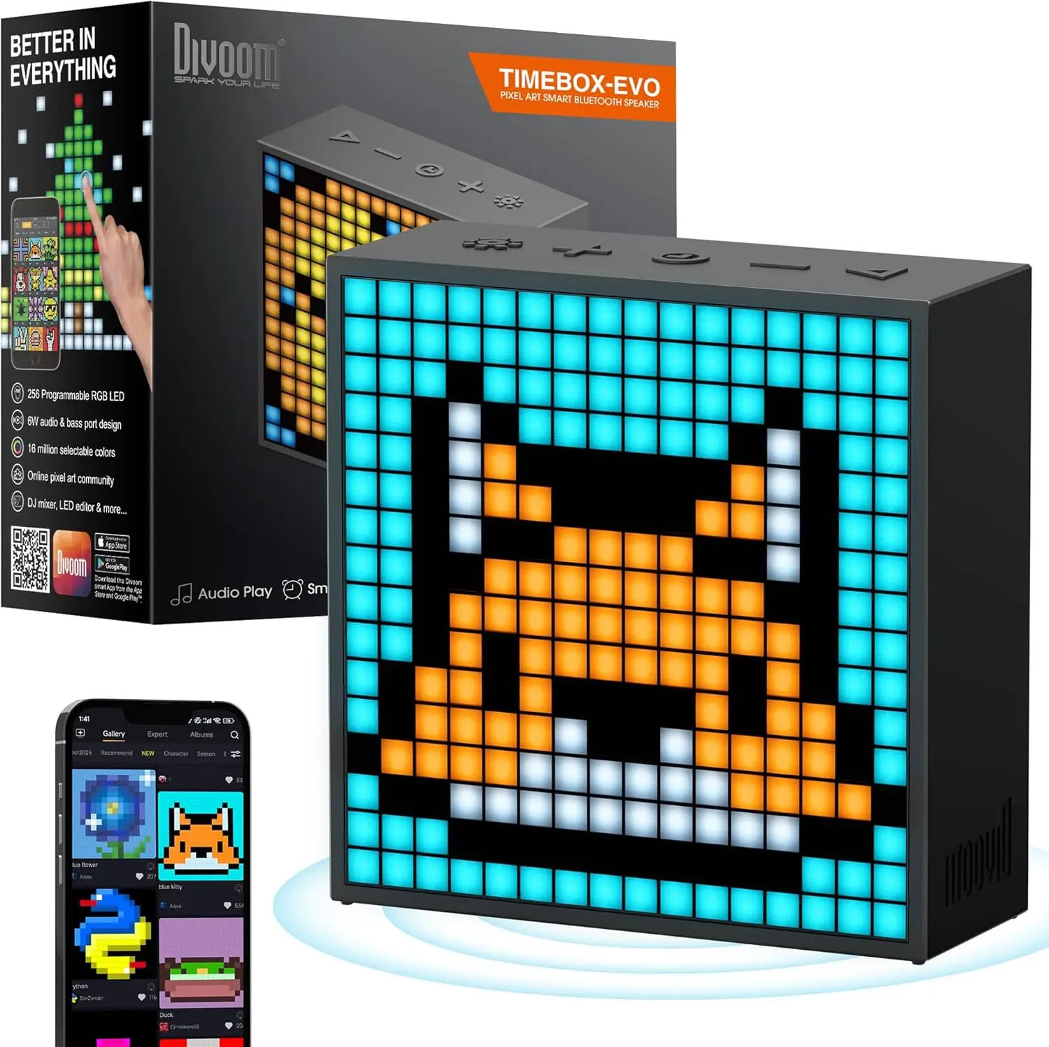 Divoom TimeBox Evo - Pixel Art Bluetooth Speaker with 16x16 LED Display APP Control - Cool Animation Frame & Gaming Room Setup & Bedside Alarm Clock- Black , speker gift Music Sound System Audio
