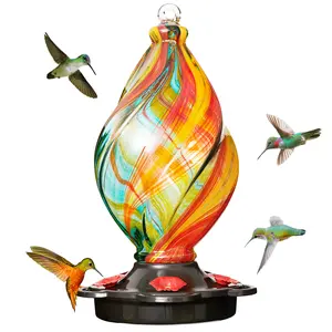 Lujii Ice Cream Shaped Hummingbird Feeder, Hand Blown Glass with 28 Oz Capacity, Leak-Proof Rust-Resistant Design for Garden Decor, Outdoor Hummingbird Feeder