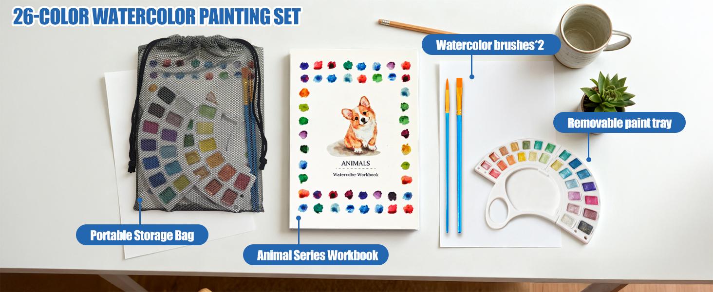 Watercolor Workbook for Kids - 13 Pages 300GSM Paper, Paint Set with Brush & Storage Bag, Beginner-Friendly Coloring Book for Creative Art