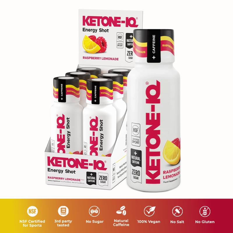 Ketone-IQ Caffeine Energy Shot for Focus & Energy - No Sugar, Natural Caffeine, 100% Vegan - Raspberry Lemonade Flavor - 6 Shots