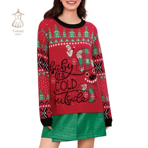 Women Christmas Knit Sweater Letter Snowman Snowflake Print Long Sleeve Round Neck Pullovers Fall Winter Casual Jumpers Tops