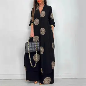 2025 Summer Elegant and Sexy V-neck Top+Printed Wide Leg Pants Two Piece Set Clothes Suits
