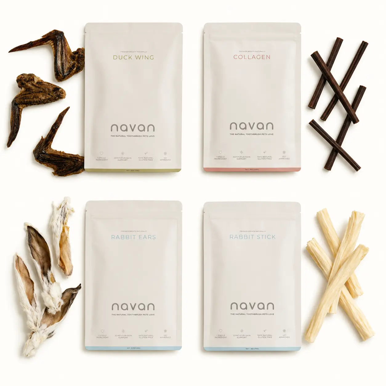 NAVAN Dog Chews - Human-Grade Dehydrated Whole Rabbit Ears, Duck Neck, Beef Collagen, Rabbit Skin | 100% Natural Single-Ingredient | Novel Protein for Sensitive Dogs | Natural Dental Chew