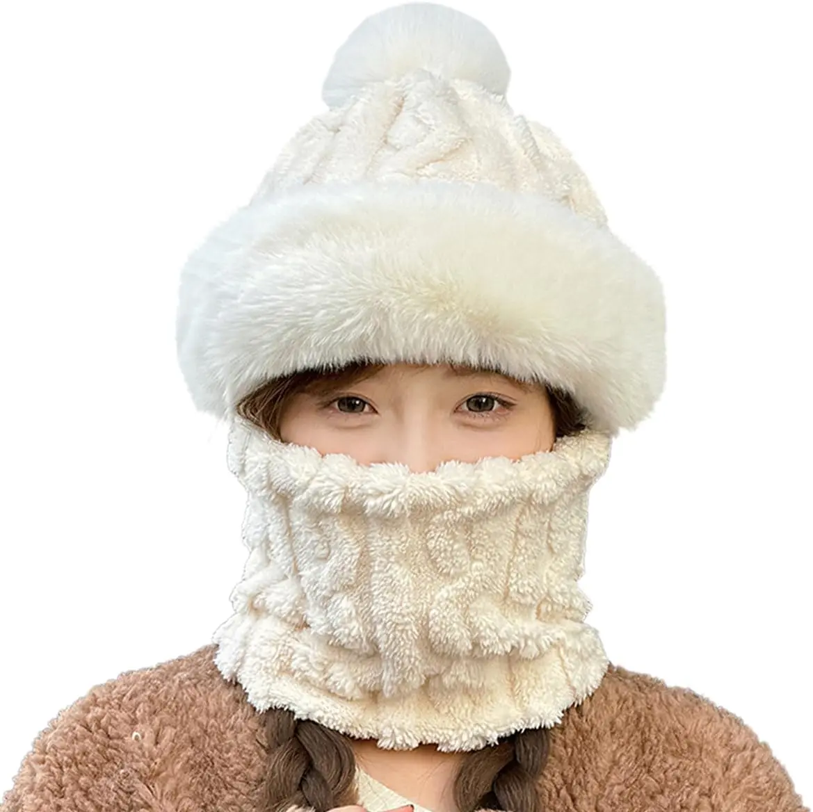 Women's winter hat, scarf, mask, ear protection, windproof and warm cycling plush, electric bike riding thickened pullover hat