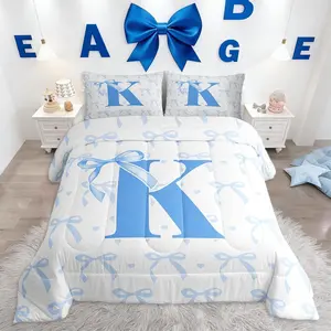 Cute Blue Bow Bedding Set Monogrammed Comforter Set,Initial Letter K Ultra Soft Duvet Quilt,Cute Coquette Bow Knot Personalized Letter K Bedroom Decor
