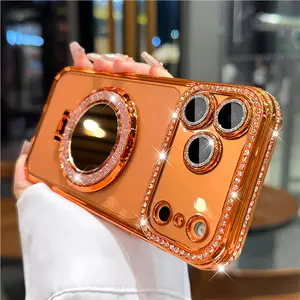 2026 Magnetic Stand Shiny Rhinestone Phone Case, suitable for iPhone 17 16 15 14 13 12 Pro Max |     Built-in makeup mirror |     Luxurious Shiny Protective Case
