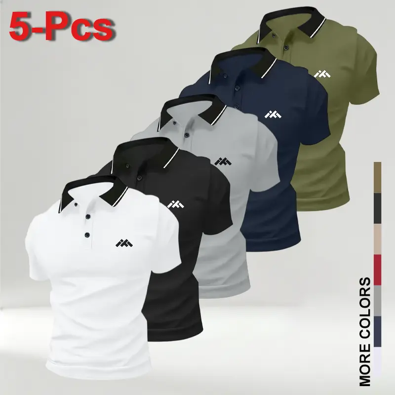 Men's 5-Pack Summer Short-Sleeve Polo Shirts with Turn-Down Contrast Collar, Breathable Comfortable Casual Sportswear Tops for Business Travel & Dates, Golf Essential, Polo Shirt