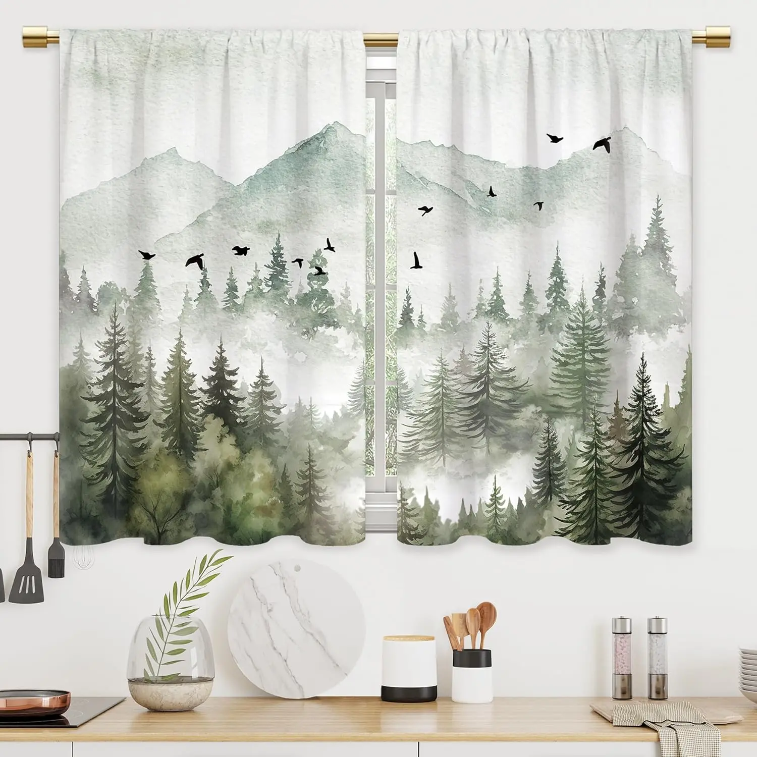 Mountain Forest Kitchen Curtains Misty Foggy Sage Green Tree Bathroom Curtains Window Treatment Drapes Tier Landscape Cafe Small Bedroom Short French Door Curtains 2 Panels 27.5x39 Inch