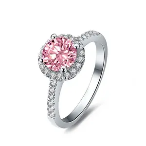S925 Sterling Silver 1 Carat Colorful Gemstone Pink Diamond Ring Moissanite Round Micro Pave Fashion Wedding Ring