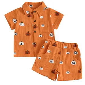 Toddler Baby Boy Girl Halloween Outfit Cotton Linen Short Sleeve Pumpkin Print T-shirt Top Shorts 2Pcs Clothes Set