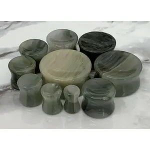 PAIR of Unique Organic Concave Green Jasper Double Flare Stone Plugs - Gauges 2g (6mm) up to 1" (25mm)