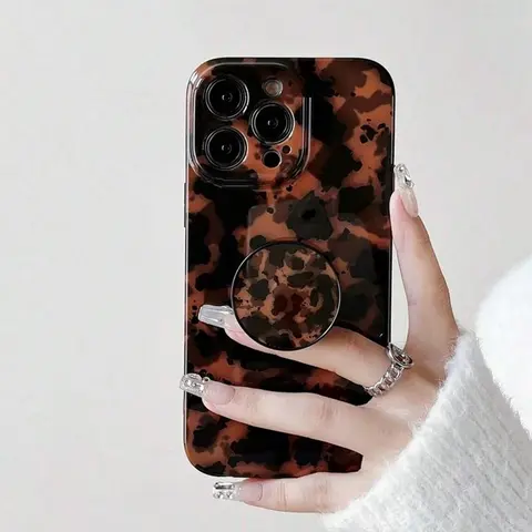 Amber Leopard Print Phone Case with Stand, Compatible with iPhone 18 Pro Max, 17 Pro, 16 Pro Max, 15 Pro Max, 14 Pro, 13, Fashionable Gift