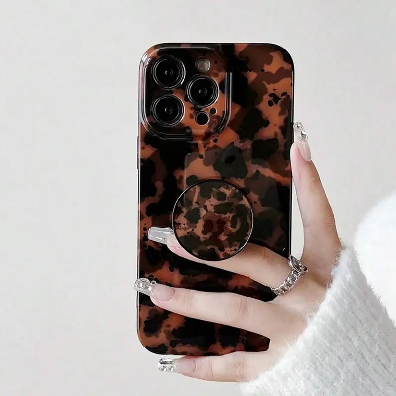 Amber Leopard Print Phone Case with Stand, Compatible with iPhone 18 Pro Max, 17 Pro, 16 Pro Max, 15 Pro Max, 14 Pro, 13, Fashionable Gift