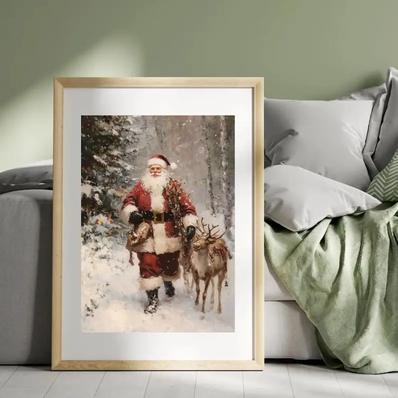 Vintage Christmas Wall Art Poster, Santa Clause And Reindeer in Snow Covered Pine Tree Forest