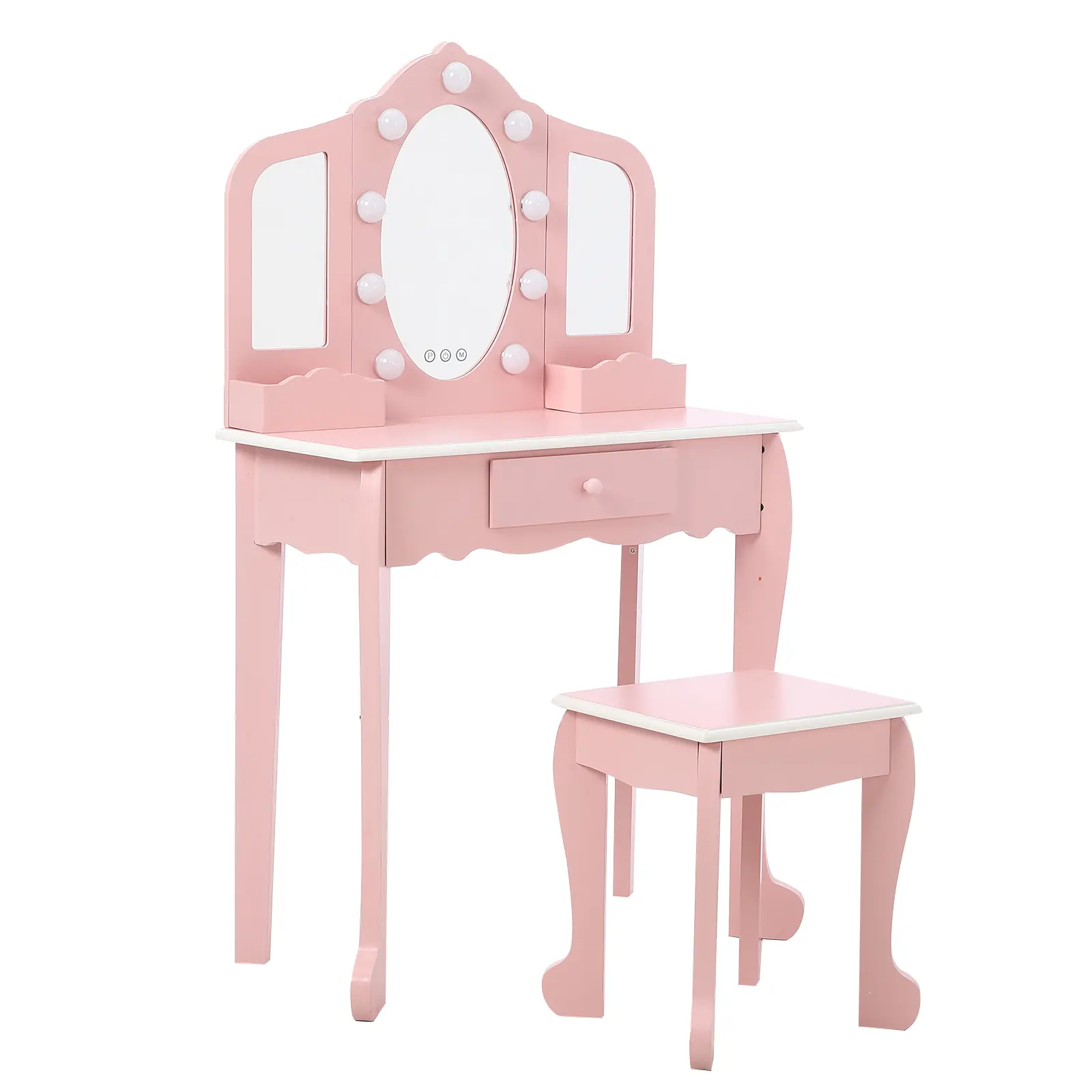 Kids Vanity Set with Lighted Tri-Fold Mirror, Makeup Table & Stool with Drawer Storage Grid, Pink Beauty Play Vanity for Girls Ages 3-9, Mdf Wood, Light Makeup Mirror, 39X31x13"
