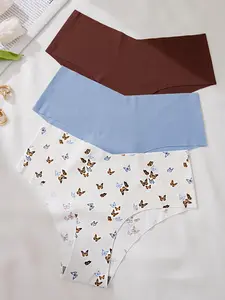 Women's 3pcs Butterfly Print Thong Set, Soft Comfy Breathable Seamless Panty for Daily Wear, Fashion Breathable Underwear, Women's Underwear for All Seasons