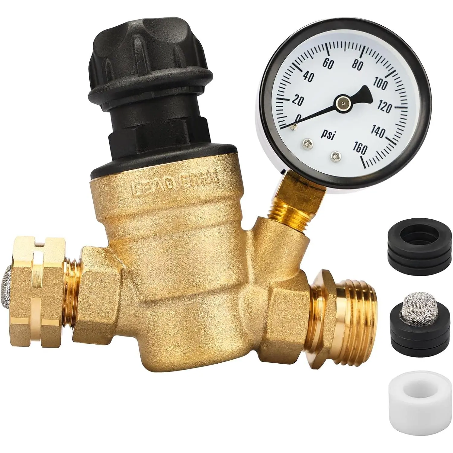 Lead-Free Brass Hand-Adjusted RV Water Pressure Regulator with Gauge Display, 45-160 psi Range, Adjustable Knob, Inlet Screen Filter, 3/4" Outdoor Hose Thread, 1 Roll of PTFE Tape & 3 Pieces Filter for Campers, Trailers