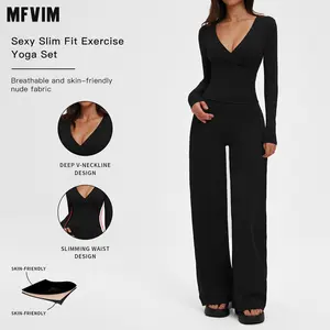 MFVIM Women's Solid Long Sleeve Skinny Tee & High Waist Leggings Tracksuit Set, Sporty Breathable Quick Drying Outfits for Yoga Gym Workout Running, Ladies Sportswear for All Seasons Yoga Suit Outdoor