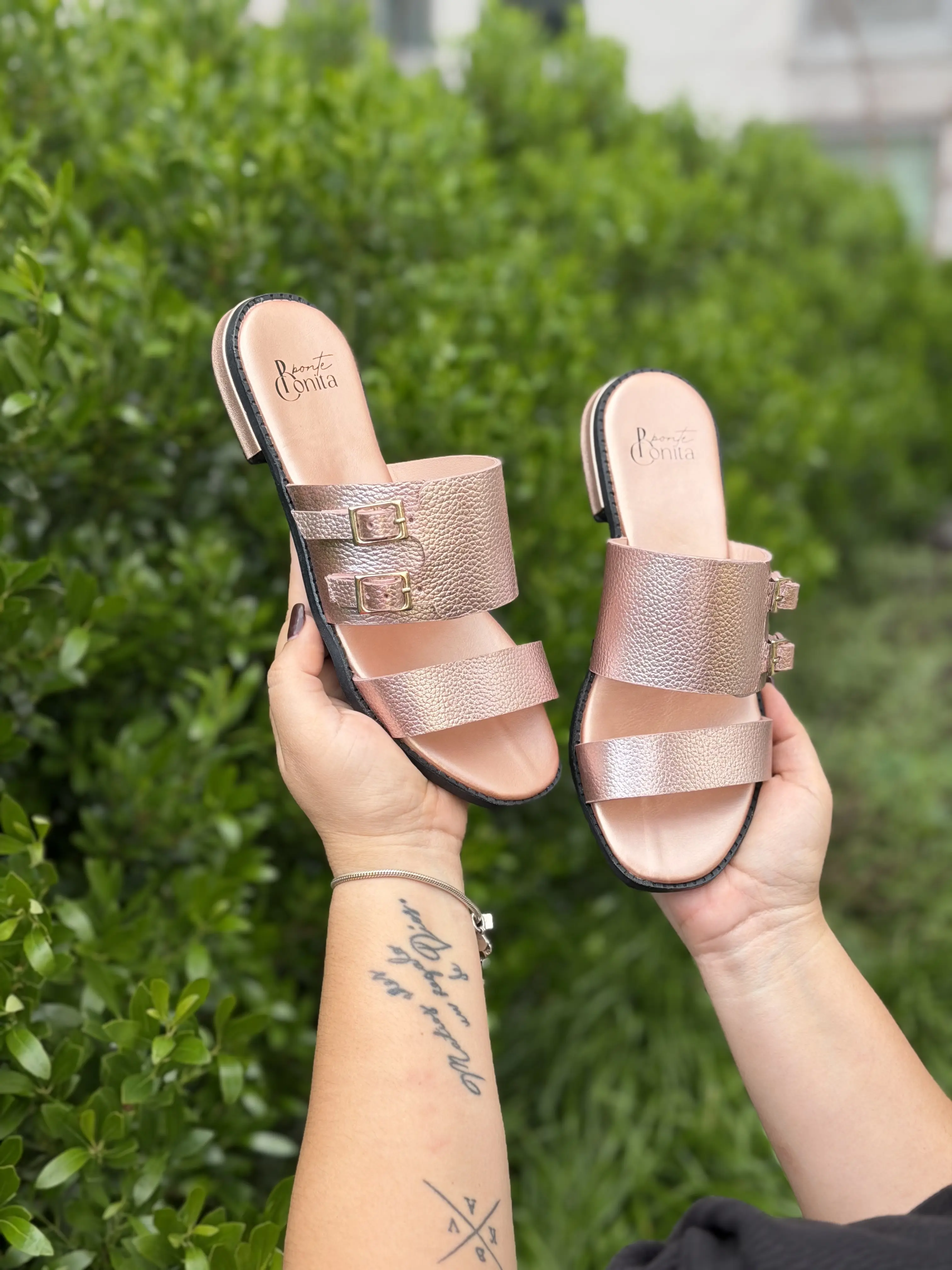 MIA Women’s Double Strap Flat Slide Sandal | Gold Buckle Detail