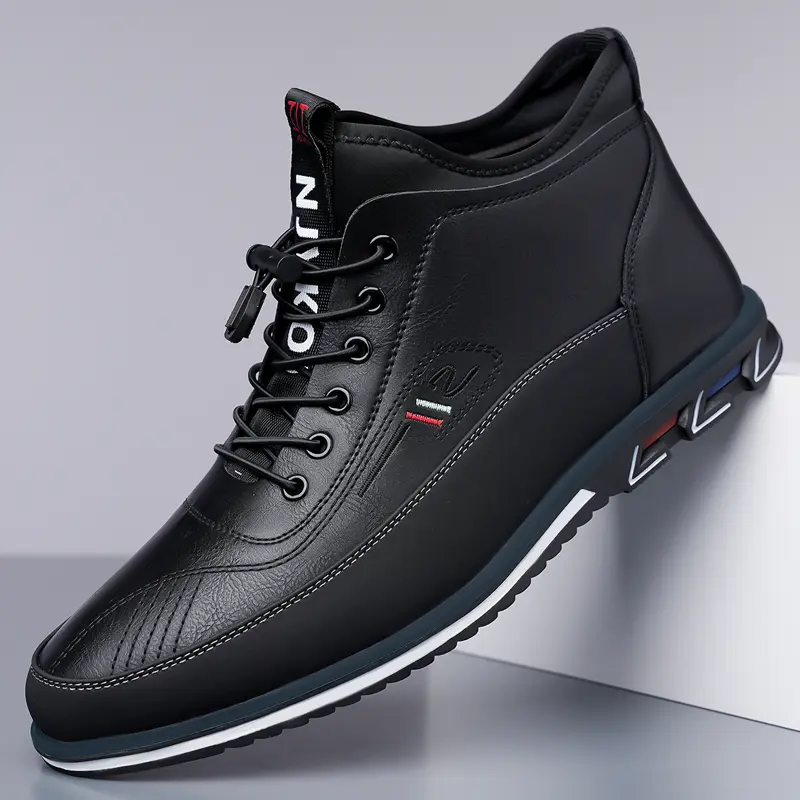 Men's High-Top Black Casual Trainers - Ankle Walking Shoes with Bold Contrast Look, Fast Slipon Lazy Lace System, Round Toe, Minimalist, All-Season Footwear, All Seasons