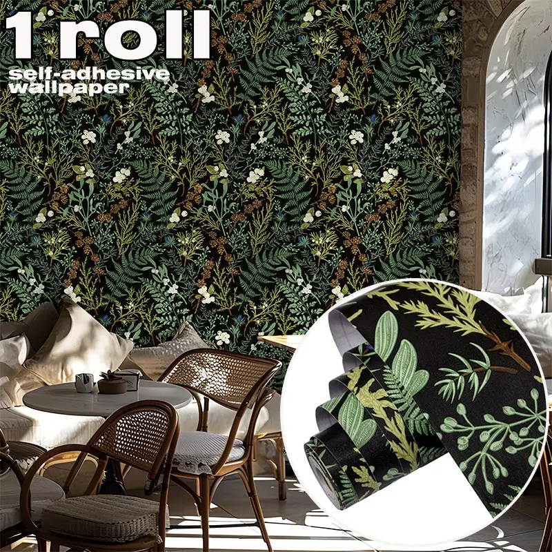 Deep Vintage Leaf Floral Decorative Self-Adhesive Wallpaper, Modern Bohemian Style, Vinyl Material, Easy Installation, Removable, for Living Room, Bedroom, Kitchen, Bathroom, Peel and Stick Wallpaper Boho Designs