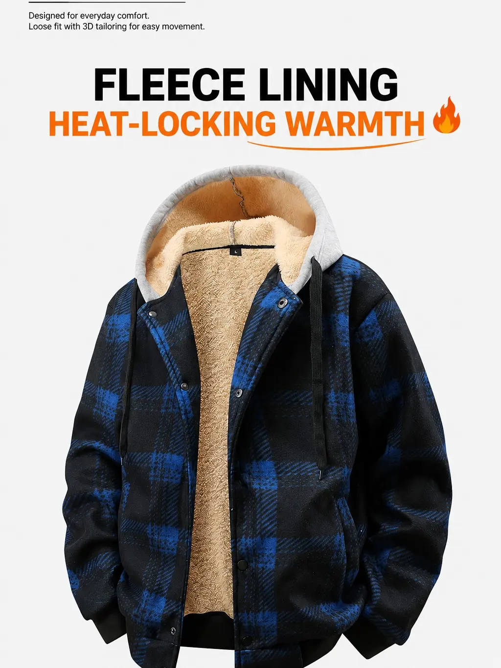 Single item: men’s blue-and-black plaid jacket with detachable hood, thickened fleece lining, warm workwear design, vintage plaid pattern for autumn/winter, single-row button closure — sold individually.