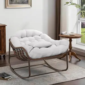 Oversized Patio Papasan Egg Rocking Chair, Comfortable Thick Water-Resistant Cushion, All-Weather Wicker Rattan Outdoor Lounge Chair