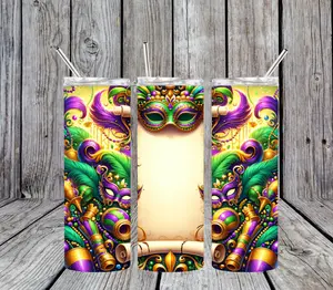 20 oz Mardi Gras Stainless Steel Tumbler; Includes Plastic Straw and Lid