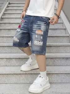 Men's Streetwear Distressed Embroidered Denim Shorts, Comfortable Daily Wear, Fashion Trendy Design, Perfect for Everyday Life
