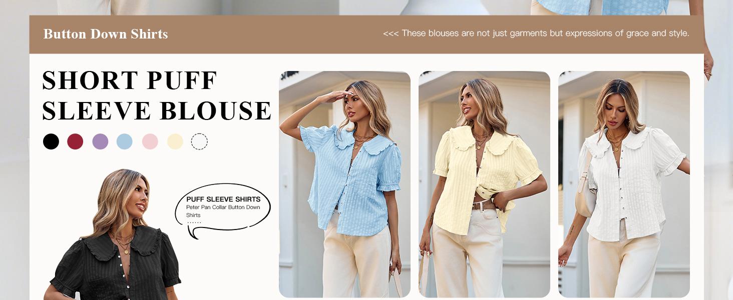Tankaneo Womens Puff Sleeve Shirts Peter Pan Collar Button Down Cotton Blouse Casual Summer Textured Tops