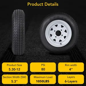 Heavy Duty 2 Pack Trailer Tire & Wheel Assemblies - 4.80-12 & 5.30-12 Sizes with 12" Rims - 4 Lug, 4" Bolt design - Load Range C, 6PR - Ideal for Utility & Boat Trailers