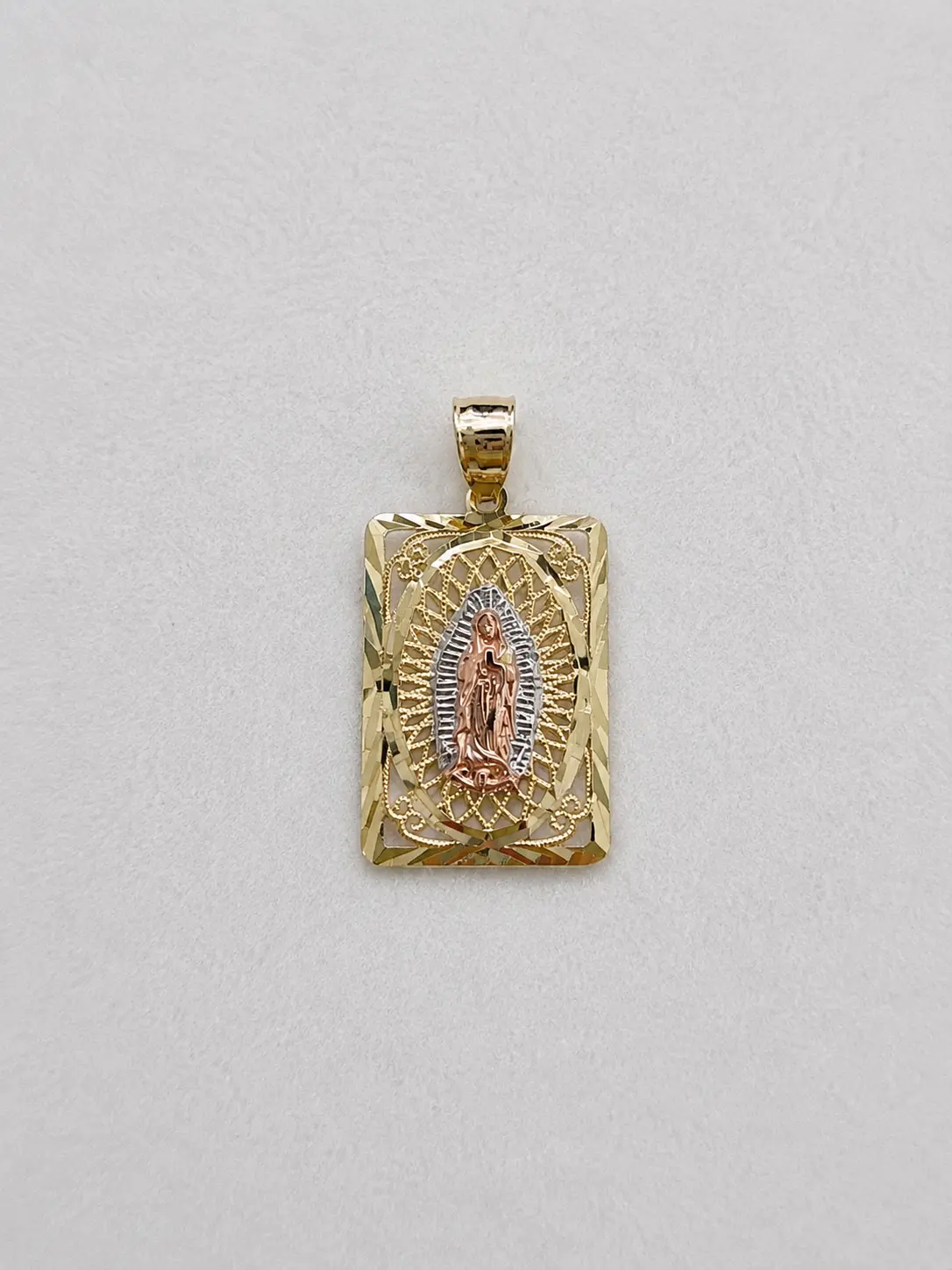 14K Gold 3-Tone Virgin of Guadalupe Pendant - Unisex, Diamond-Cut Finish, Polished High-Shine Finish, Ideal for Daily Wear, Faith and Craftsmanship Lovers
