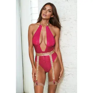 Fuchsia Pink Lace Halter Teddy and Garterbelt