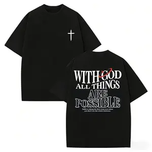 Men'S Vintage Washed Cotton T-Shirt With The Design 'With God All Things Are Possible' From Matthew 26:41, Loose Fit Short-Sleeve Shirt, Black With White Lettering, Casual Attire, High-Quality Fabric