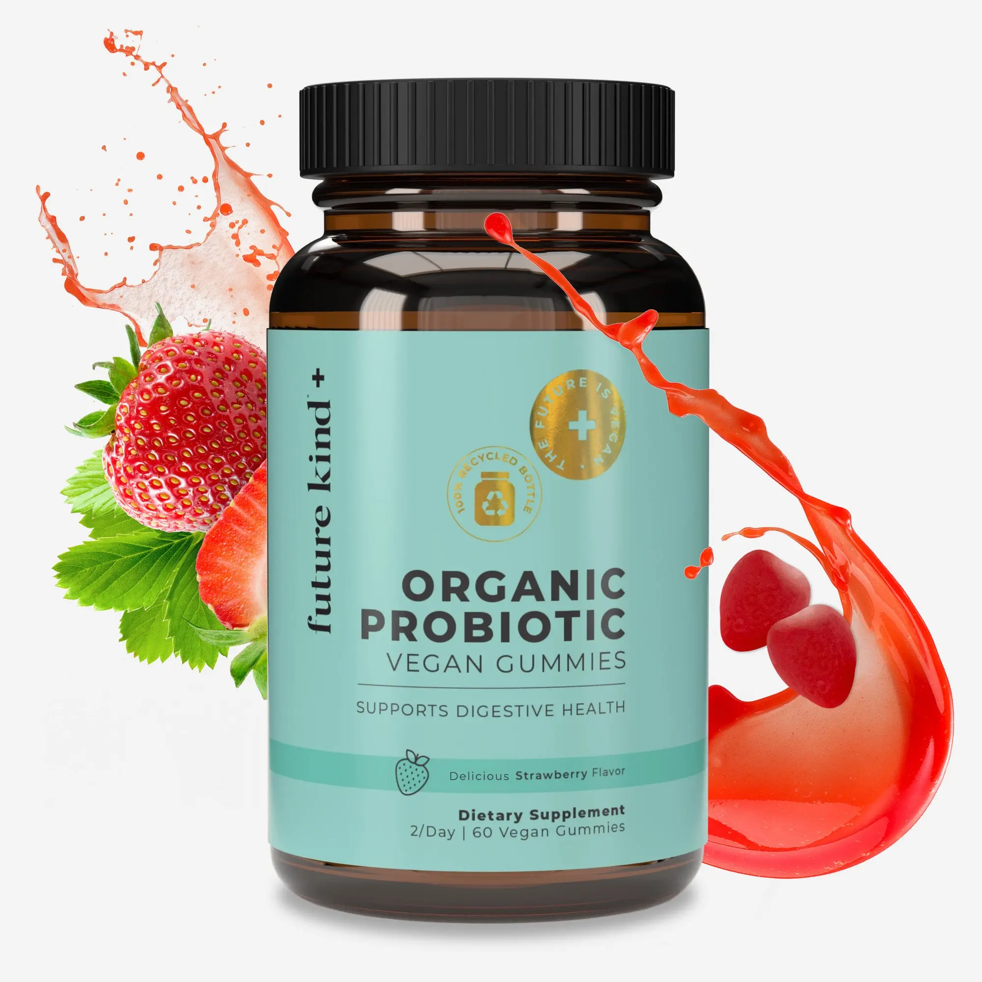 Organic Vegan Probiotic Gummies with Plant Fiber, Dietary Strawberry-Flavored Supplements for Gas & Bloating Relief