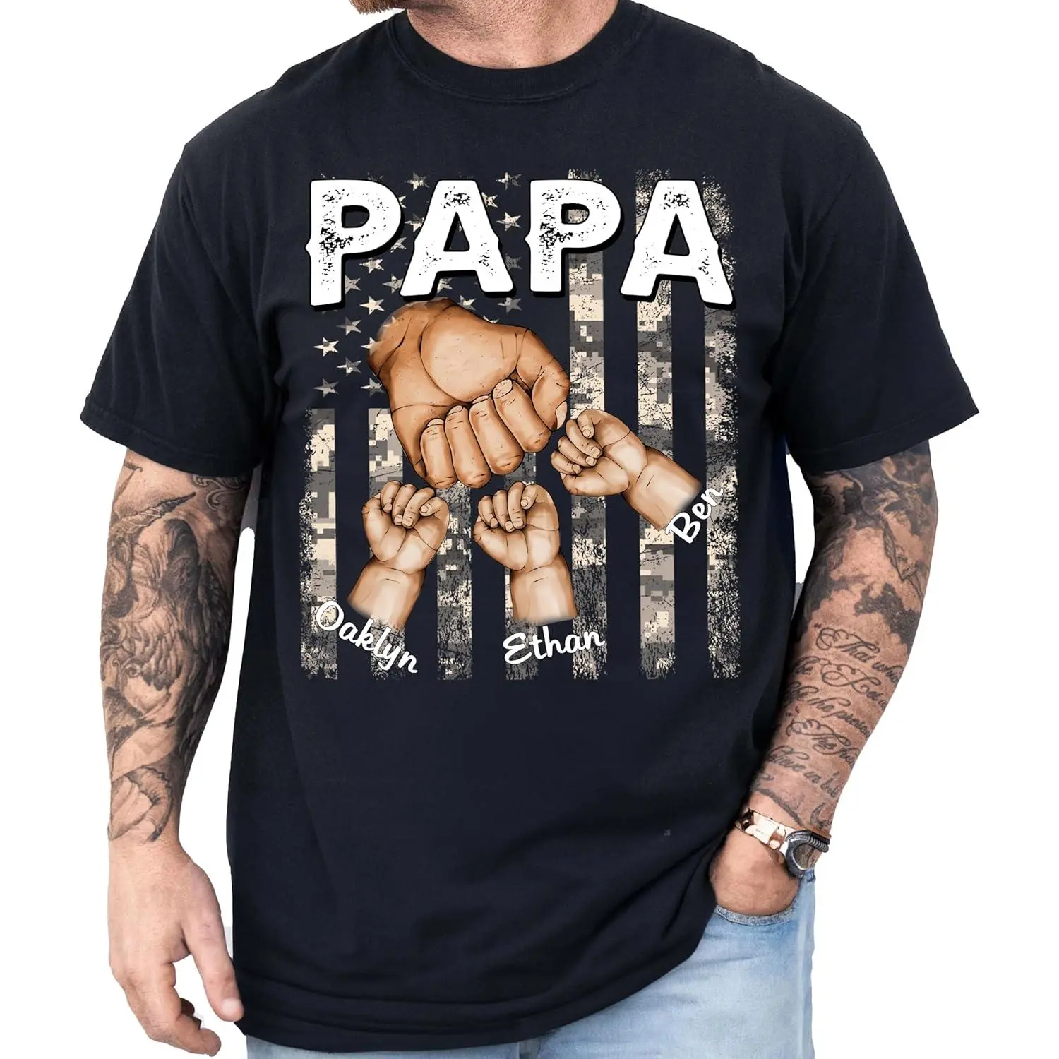 Men's Personalized T-Shirt with Vintage American Flag Fist Bump Graphic, Embroidered Short Sleeve Casual Menswear Top for Dad, Father's Day Gift, Tshirt, Customized, Shortsleeve, Embroidery, All Seasons, 00 Dad, Shortsleeve Tee, Dad Embroidered Men's Shor