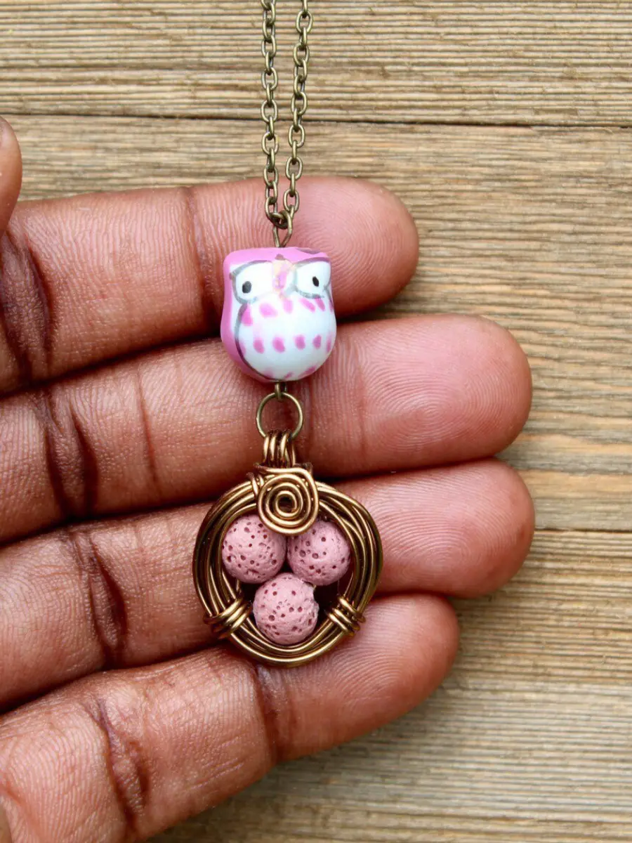 Pink Owl Necklace, Diffuser Necklace, Bird's Nest Necklace, Lava Bead Necklace, Aromatherapy Necklace, Gift For Mom.