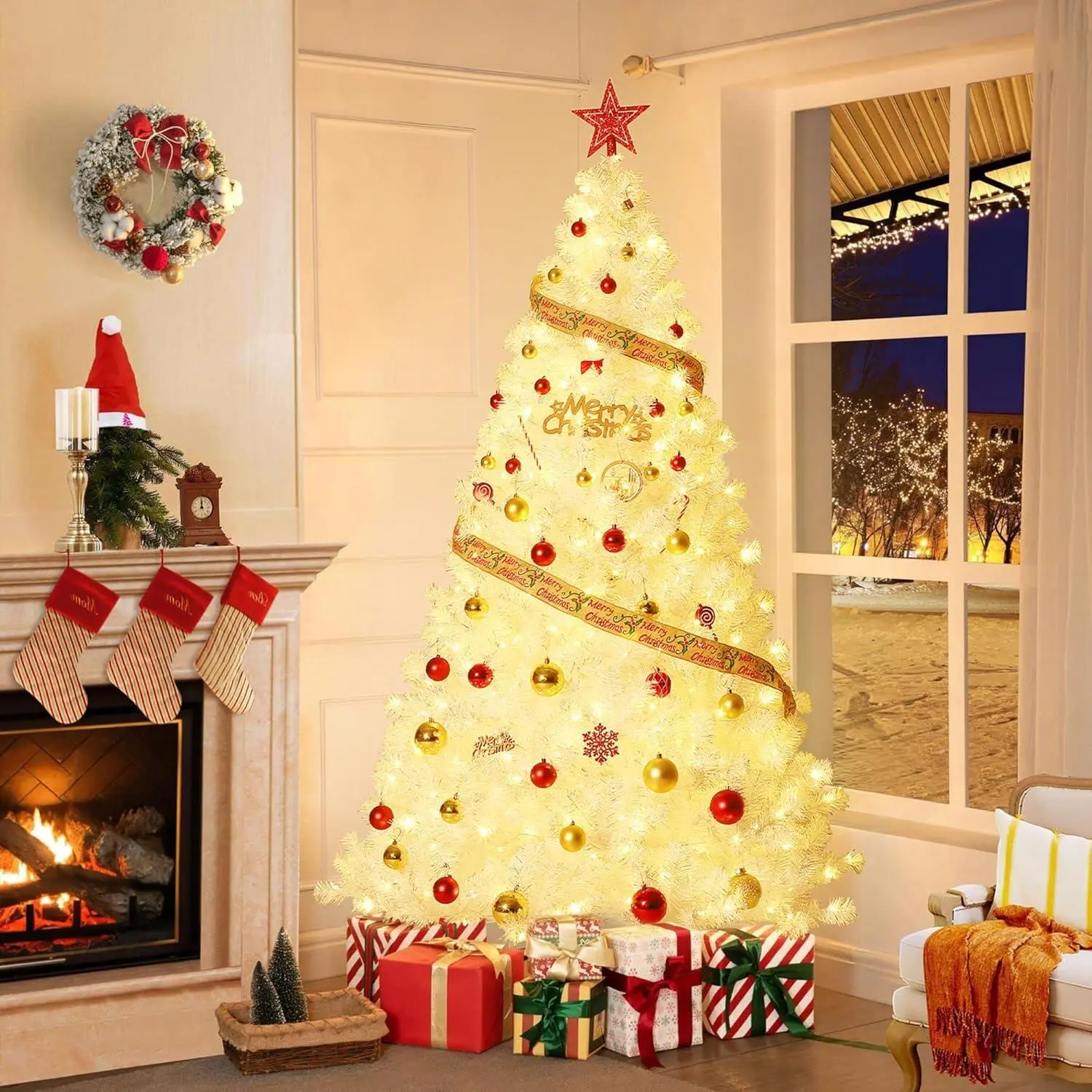 7.5 ft Prelit Christmas Tree with Lights, Artificial Christmas Tree, Foldable Base, Xmas Decor for Home Party Office Mall Holiday, White